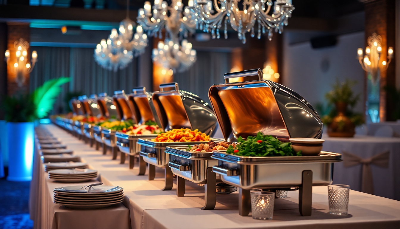 Chef-led catering spread with buffet stations and plated dishes